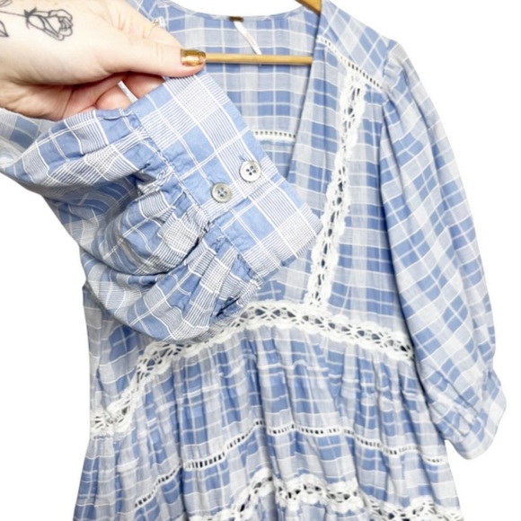 Free People Women's Time Out Lace Plaid Gingham 3/4 Sleeve Ruffle Tunic Blouse - Picture 6 of 16